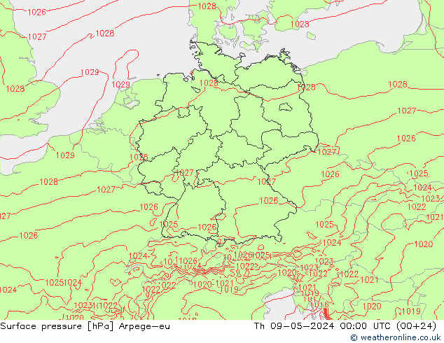 地面气压 Arpege-eu 星期四 09.05.2024 00 UTC