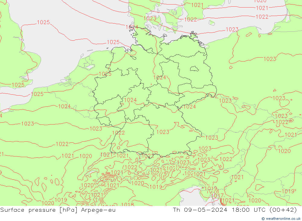 приземное давление Arpege-eu чт 09.05.2024 18 UTC