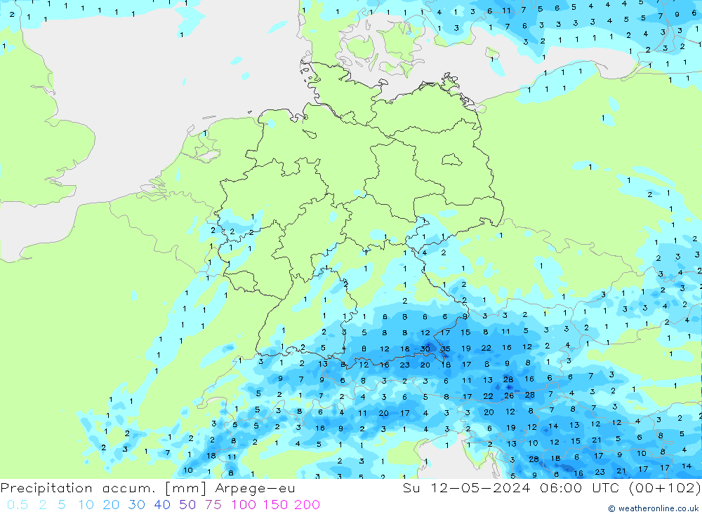 Precipitation accum. Arpege-eu Su 12.05.2024 06 UTC