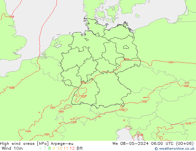High wind areas Arpege-eu 星期三 08.05.2024 06 UTC