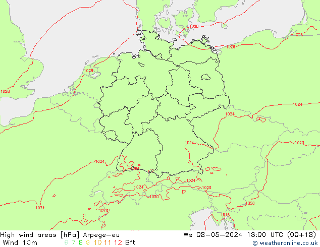 yüksek rüzgarlı alanlar Arpege-eu Çar 08.05.2024 18 UTC