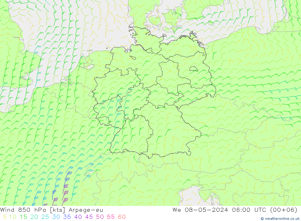 ветер 850 гПа Arpege-eu ср 08.05.2024 06 UTC