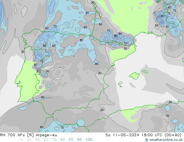 RH 700 hPa Arpege-eu Sa 11.05.2024 18 UTC