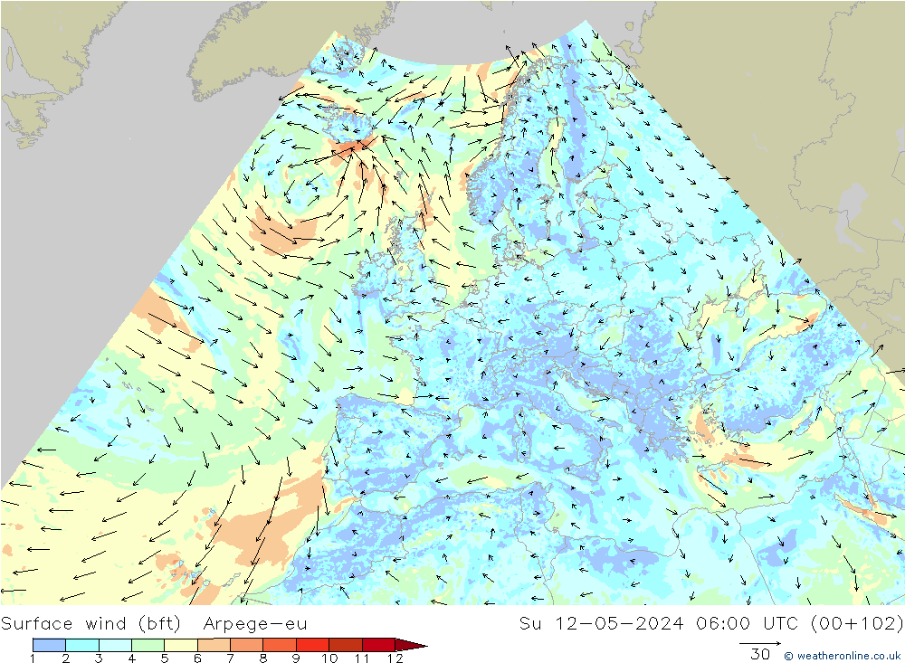 Surface wind (bft) Arpege-eu Su 12.05.2024 06 UTC