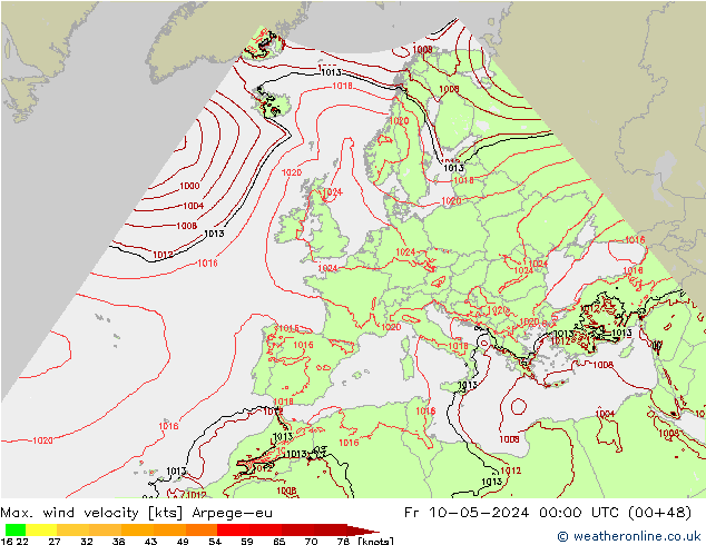 Max. wind snelheid Arpege-eu vr 10.05.2024 00 UTC