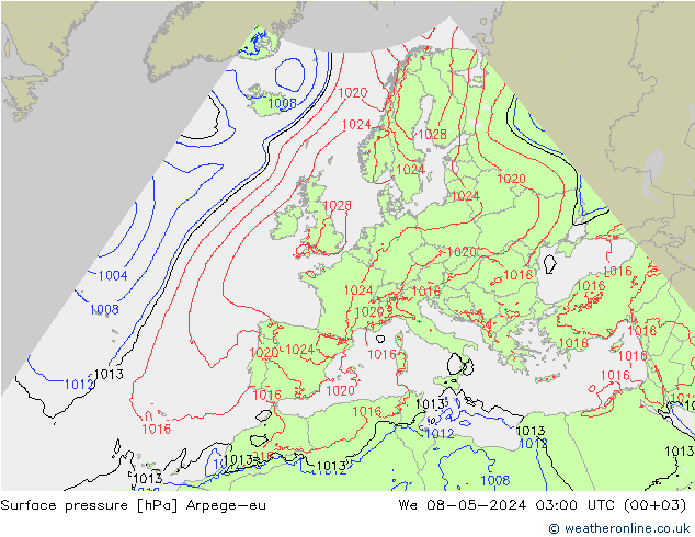 Pressione al suolo Arpege-eu mer 08.05.2024 03 UTC