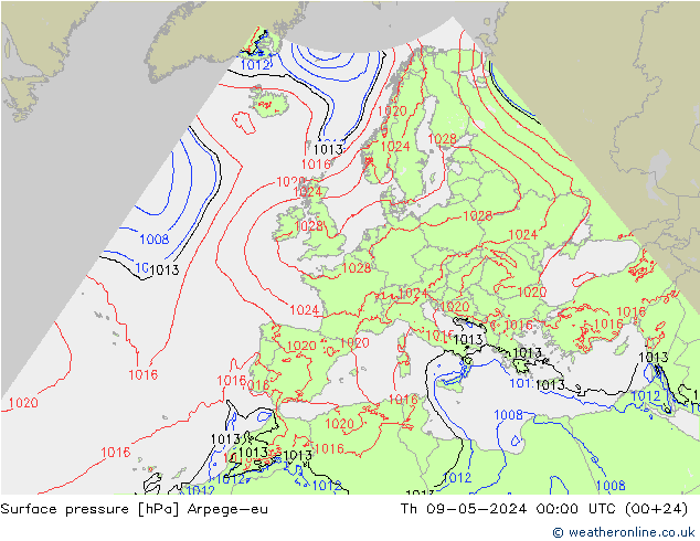 地面气压 Arpege-eu 星期四 09.05.2024 00 UTC