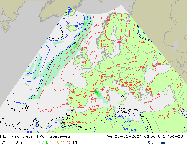 High wind areas Arpege-eu mer 08.05.2024 06 UTC