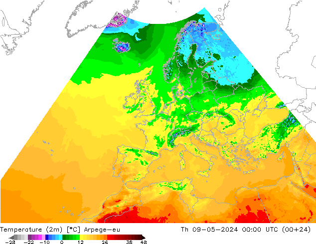 温度图 Arpege-eu 星期四 09.05.2024 00 UTC