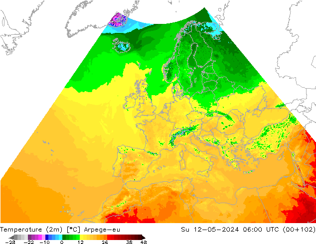 Temperatuurkaart (2m) Arpege-eu zo 12.05.2024 06 UTC