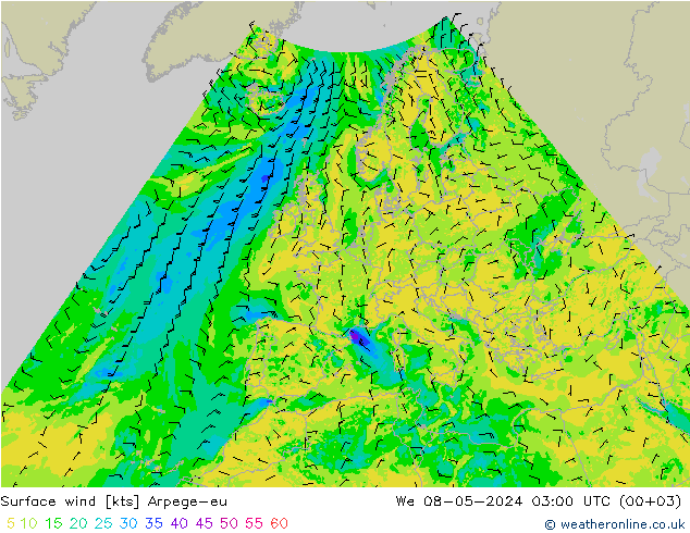 Surface wind Arpege-eu We 08.05.2024 03 UTC