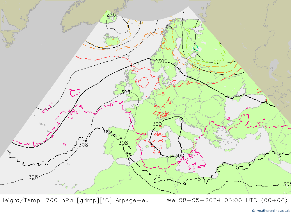 Géop./Temp. 700 hPa Arpege-eu mer 08.05.2024 06 UTC