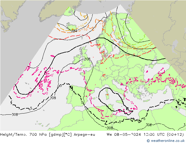 Hoogte/Temp. 700 hPa Arpege-eu wo 08.05.2024 12 UTC