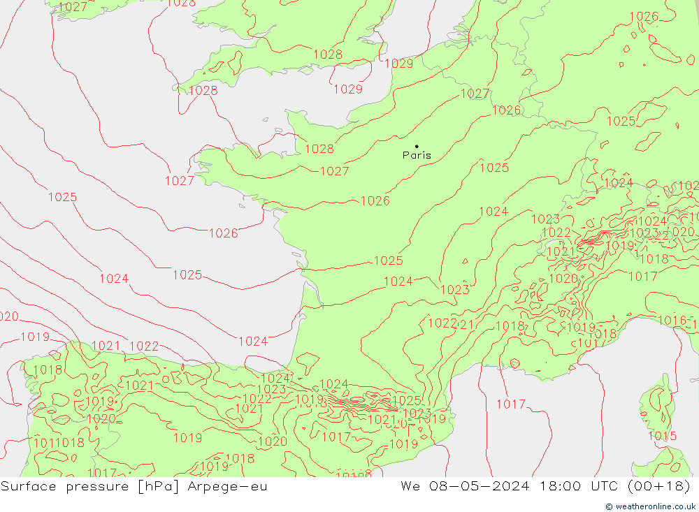 pressão do solo Arpege-eu Qua 08.05.2024 18 UTC