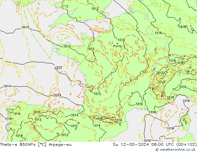Theta-e 850hPa Arpege-eu  12.05.2024 06 UTC