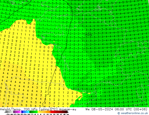 Hoogte/Temp. 700 hPa Arpege-eu wo 08.05.2024 06 UTC