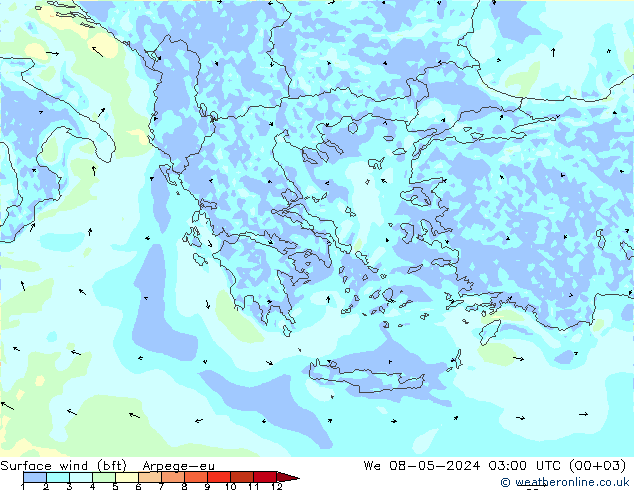 Surface wind (bft) Arpege-eu We 08.05.2024 03 UTC