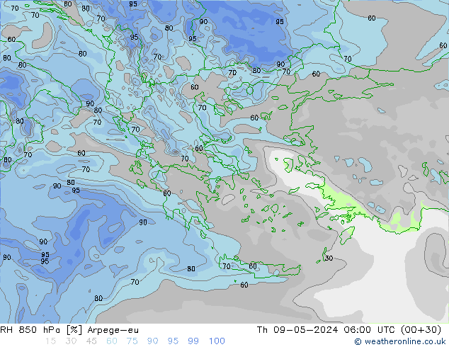 RH 850 hPa Arpege-eu Th 09.05.2024 06 UTC