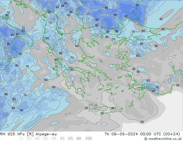 RH 925 hPa Arpege-eu Čt 09.05.2024 00 UTC