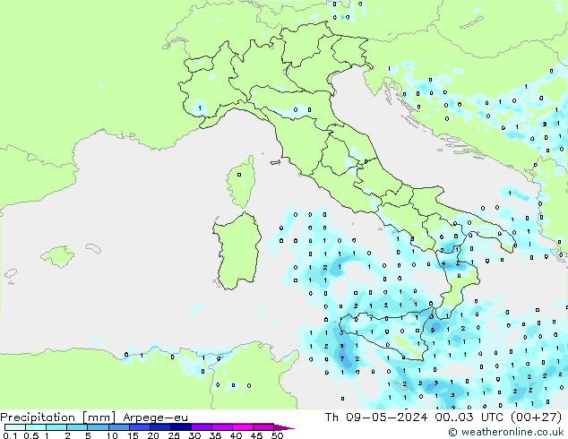 Precipitazione Arpege-eu gio 09.05.2024 03 UTC