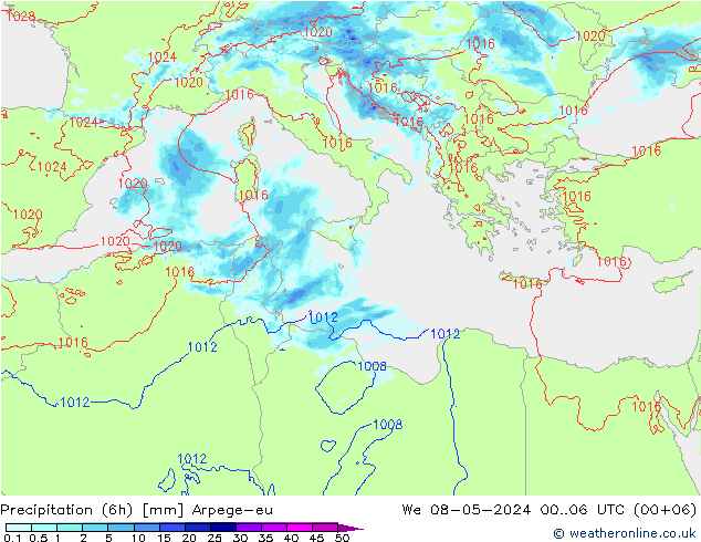 Totale neerslag (6h) Arpege-eu wo 08.05.2024 06 UTC