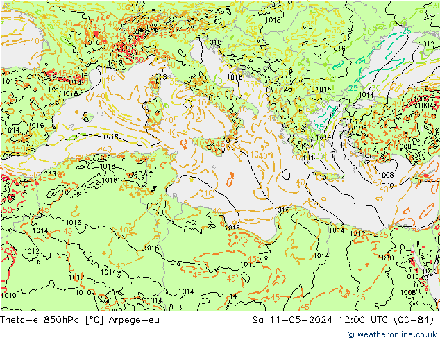 Theta-e 850hPa Arpege-eu za 11.05.2024 12 UTC