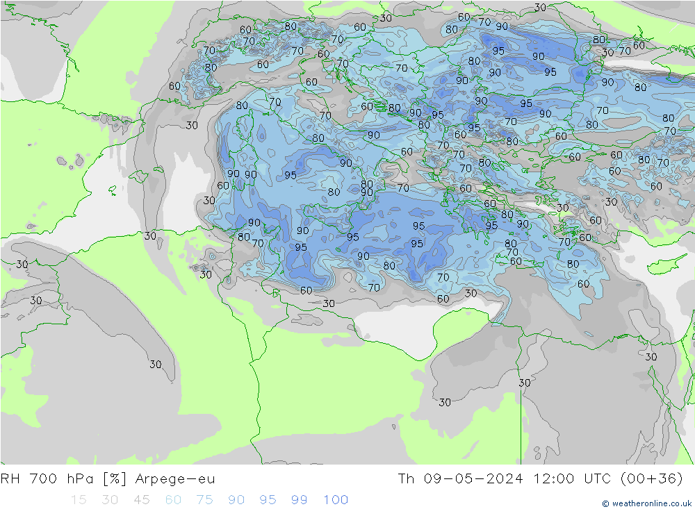 RH 700 hPa Arpege-eu  09.05.2024 12 UTC