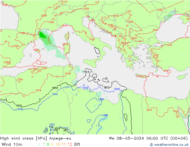 High wind areas Arpege-eu ср 08.05.2024 06 UTC