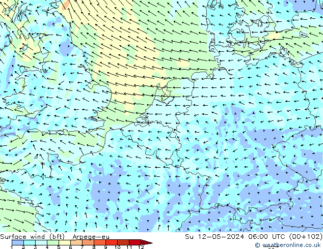 Surface wind (bft) Arpege-eu Ne 12.05.2024 06 UTC