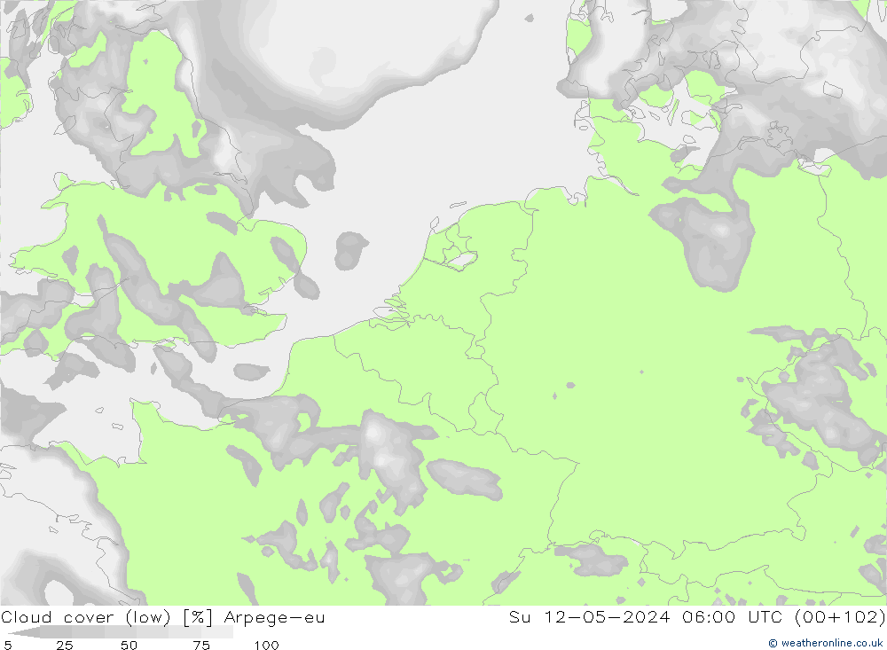 Cloud cover (low) Arpege-eu Su 12.05.2024 06 UTC