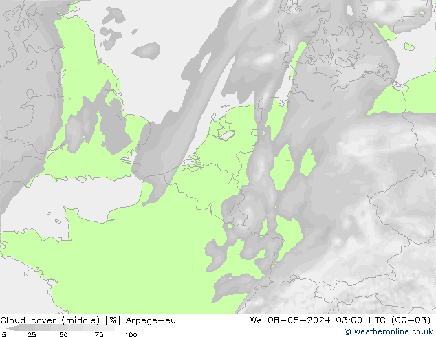 Wolken (mittel) Arpege-eu Mi 08.05.2024 03 UTC