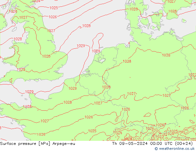 Presión superficial Arpege-eu jue 09.05.2024 00 UTC