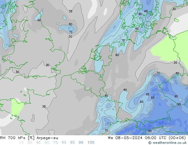 RH 700 hPa Arpege-eu 星期三 08.05.2024 06 UTC