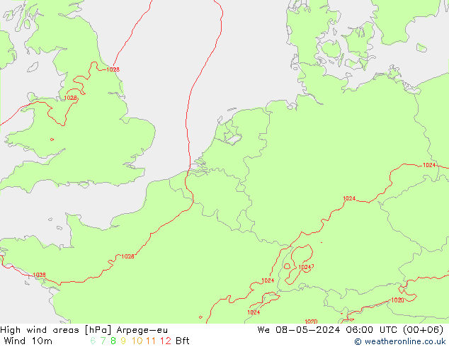 High wind areas Arpege-eu We 08.05.2024 06 UTC