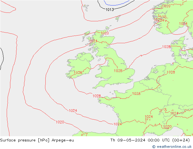 Atmosférický tlak Arpege-eu Čt 09.05.2024 00 UTC