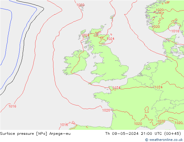 приземное давление Arpege-eu чт 09.05.2024 21 UTC