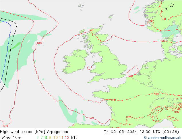 High wind areas Arpege-eu jeu 09.05.2024 12 UTC