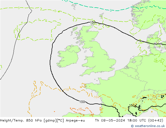 Height/Temp. 850 hPa Arpege-eu Th 09.05.2024 18 UTC