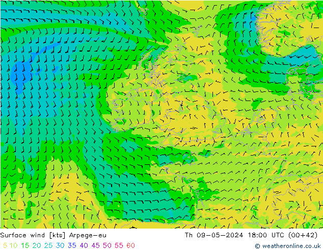 Surface wind Arpege-eu Th 09.05.2024 18 UTC