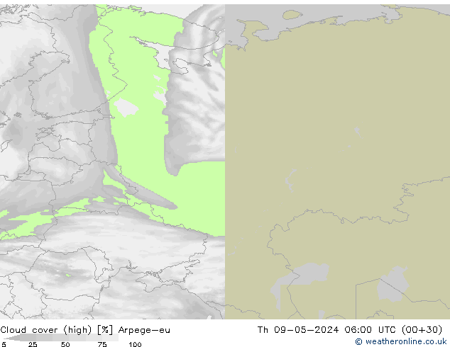 Cloud cover (high) Arpege-eu Th 09.05.2024 06 UTC