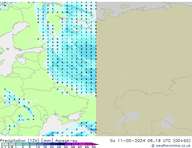 осадки (12h) Arpege-eu сб 11.05.2024 18 UTC