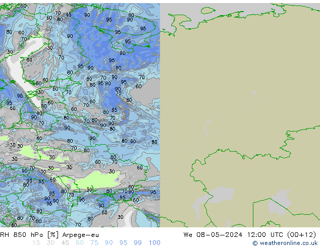 Humidité rel. 850 hPa Arpege-eu mer 08.05.2024 12 UTC