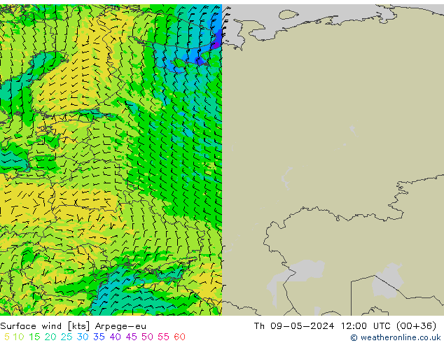Surface wind Arpege-eu Th 09.05.2024 12 UTC