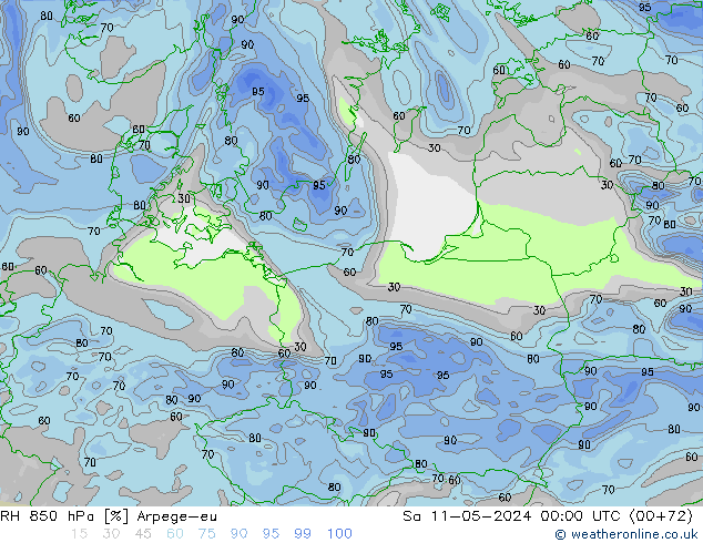 Humidité rel. 850 hPa Arpege-eu sam 11.05.2024 00 UTC