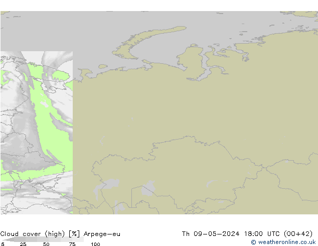 Cloud cover (high) Arpege-eu Th 09.05.2024 18 UTC