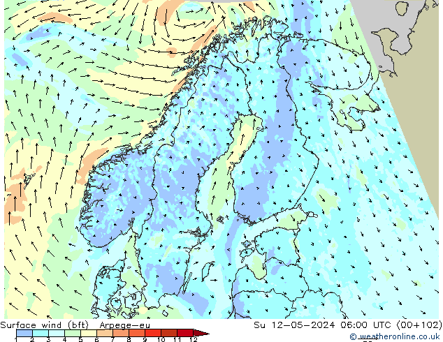 Surface wind (bft) Arpege-eu Su 12.05.2024 06 UTC