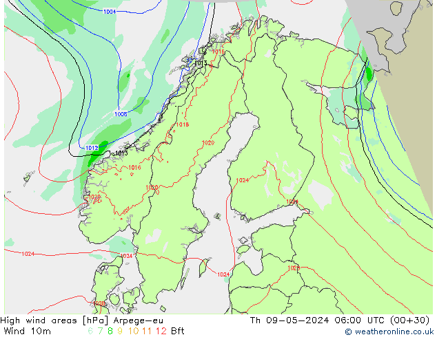 High wind areas Arpege-eu Qui 09.05.2024 06 UTC