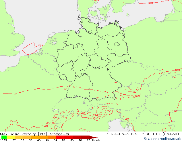 Max. wind velocity Arpege-eu Th 09.05.2024 12 UTC