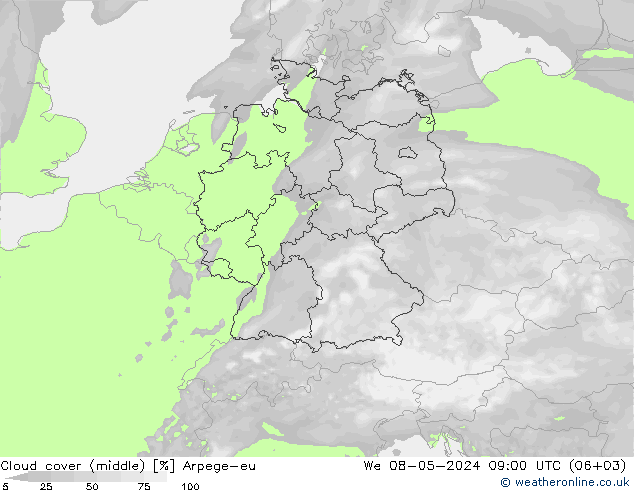 nuvens (médio) Arpege-eu Qua 08.05.2024 09 UTC