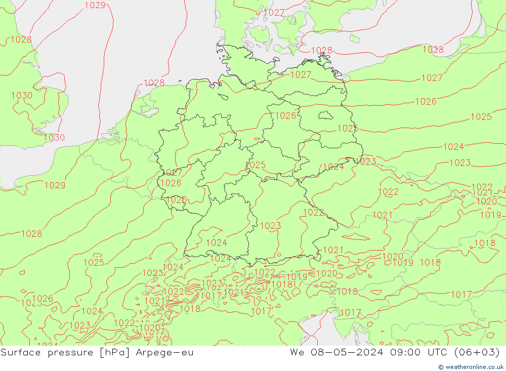 Presión superficial Arpege-eu mié 08.05.2024 09 UTC